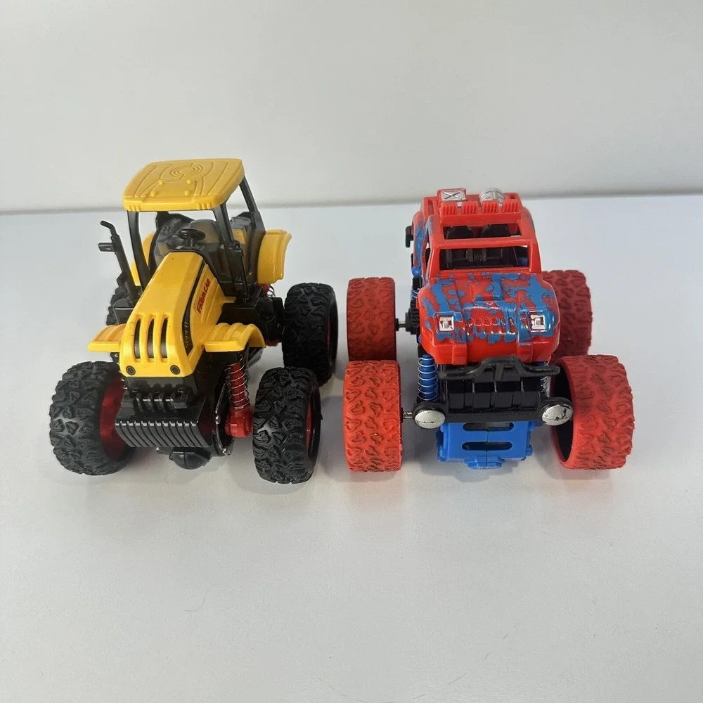 Lot of 4 Friction Propel Cars Push 'n Go Jeep Monster Truck Yellow Tractor Racer